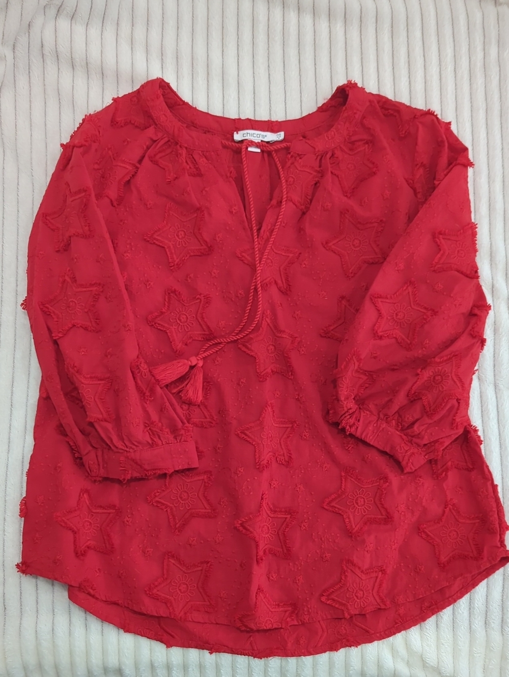 Chico's Bright Red Star-Textured Peasant Top